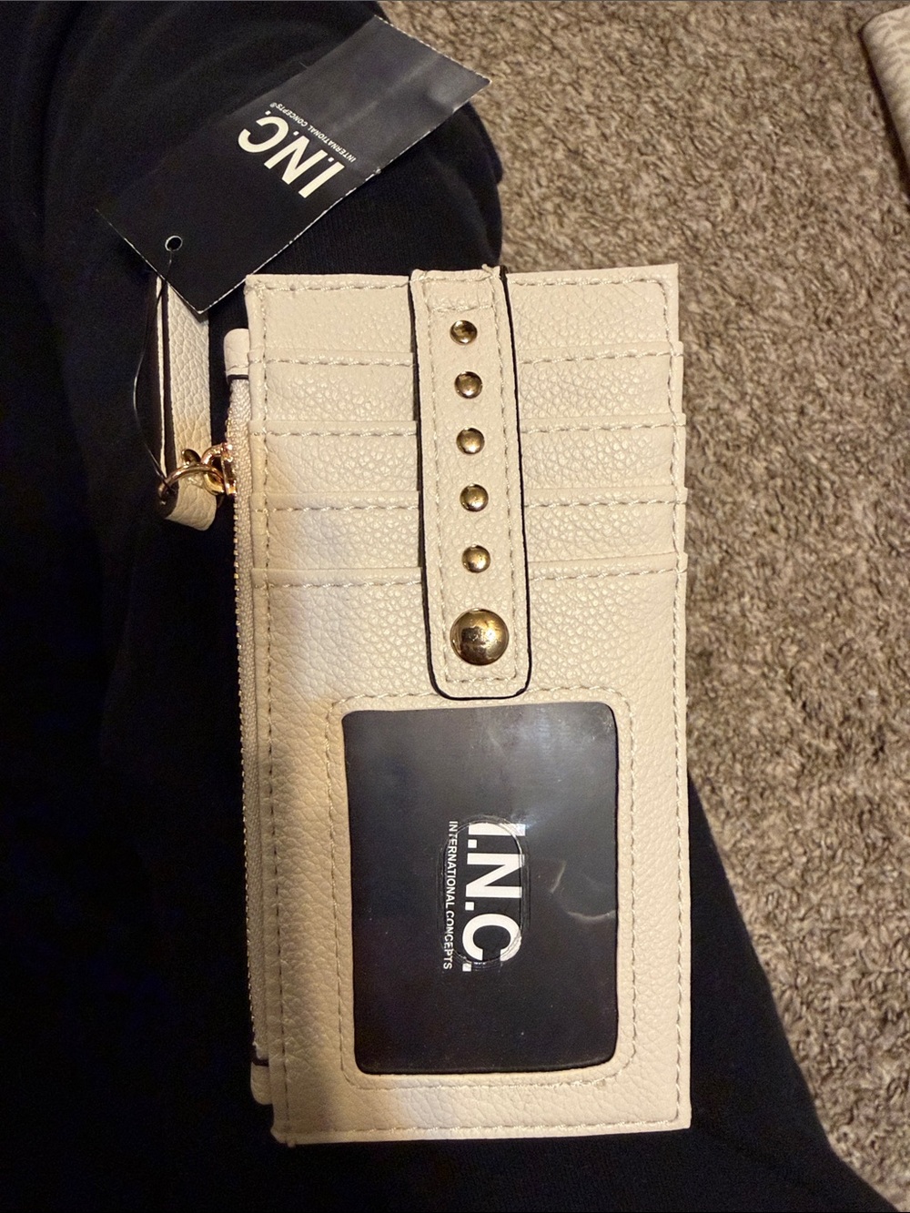 INC International Concepts Cream Cardholder Wristlet with Gold Studs